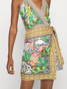 FARM Rio Green Multi Tropical Parrot Wrap Dress